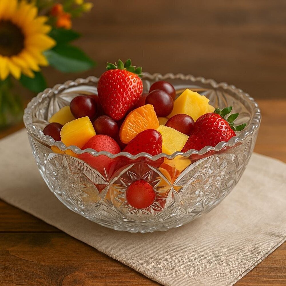 Vintage Pressed Glass Serving Bowl – Cut Glass Starburst & Diamond Pattern